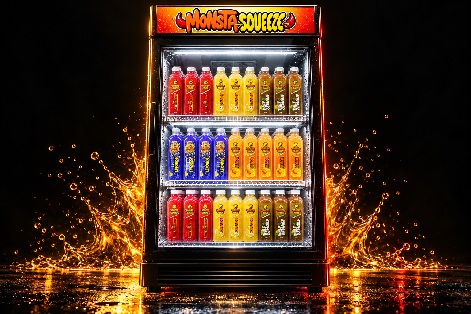 A branded Monsta Squeeze retail refrigerator fully stocked with rows of colorful bottles