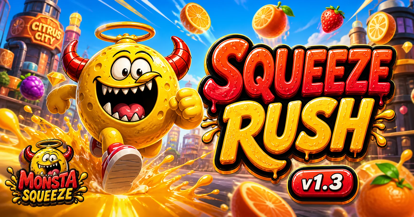 Squeeze Rush game artwork featuring the Monsta mascot running through Citrus City